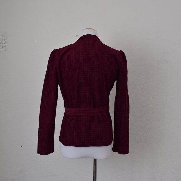 80s Vintage Burgundy Plaid‎ Fitted Poly/Cotton Corduroy Jacket - Picture 5 of 10